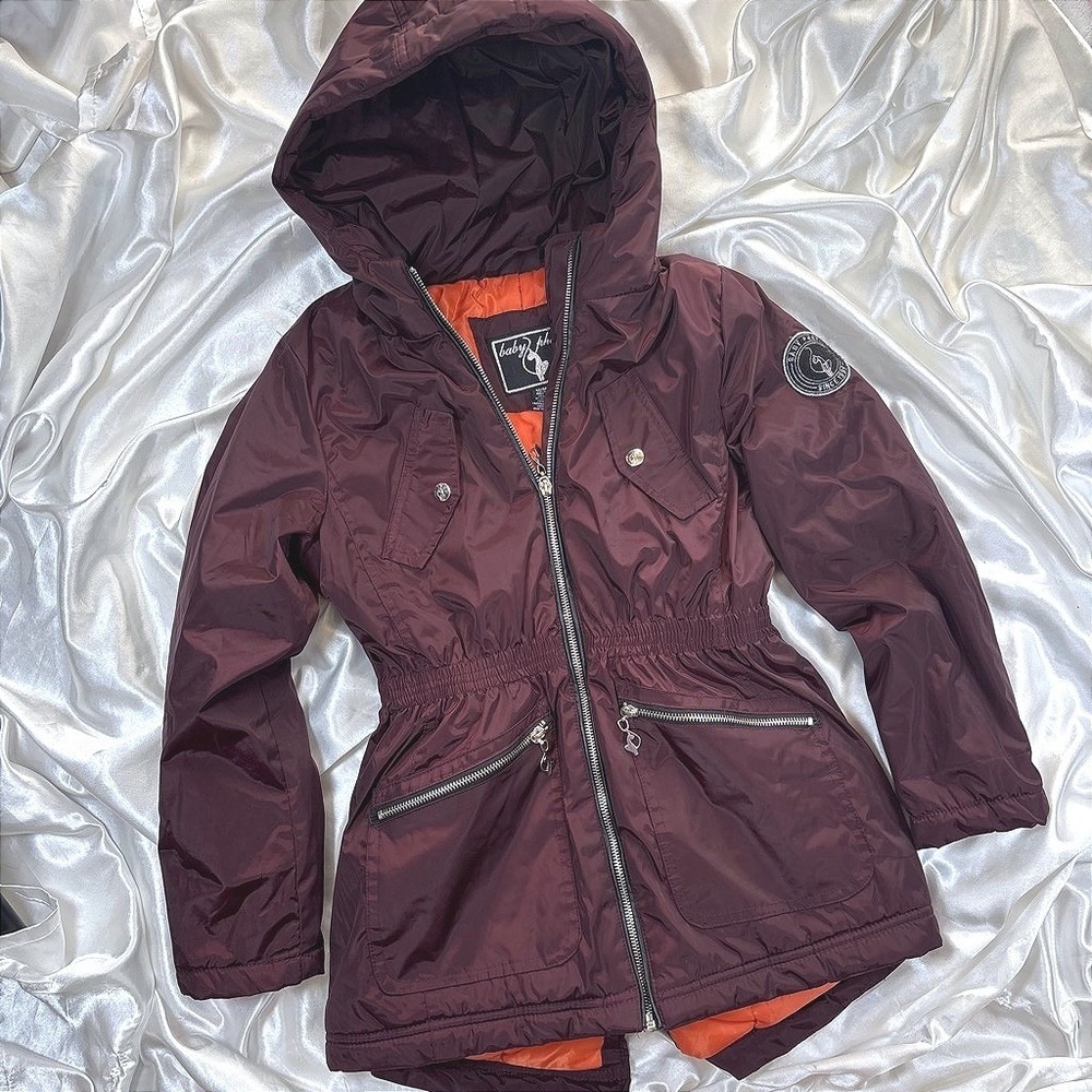 y2k Baby Phat Parka Jacket Burgundy Excellent Hooded Cinched Waist Coat